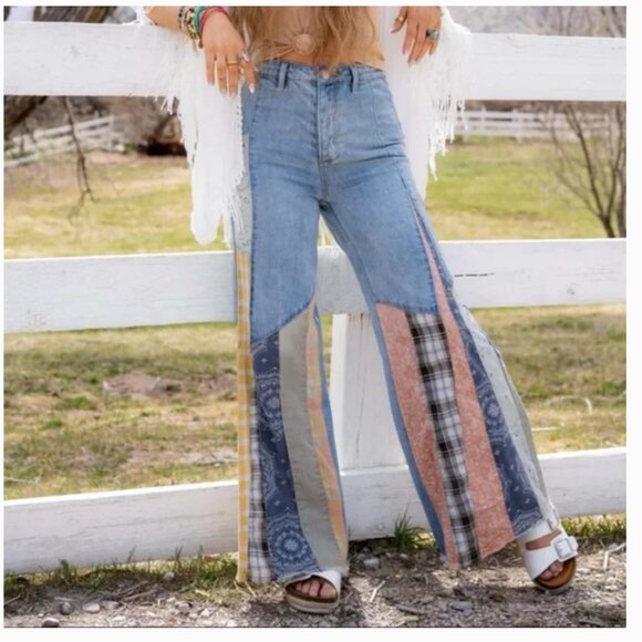 NWT Three Bird Nest Magnolia Patchwork Flare Wide Leg Jeans Size Small - Picture 1 of 16